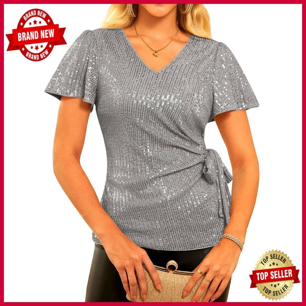 Sequin Ruffle Sleeve Blouse Sparkly Party Top Glamorous Elegant Y2k Chic